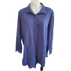 Caite Handmade Cotton Tunic Shirt  XL Navy Lavender Floral Embroidered Boho